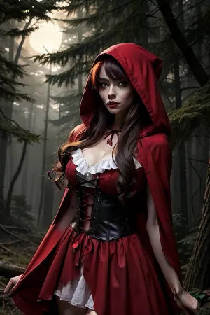 a hot slender Little Red Riding Hood in the dark forest, a wulf on here side
