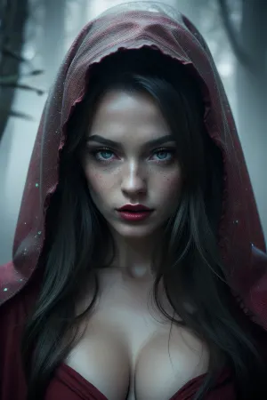 a beautyful slender Little Red Riding Hood with a very pretty coquettish face in the dark forest, a wulf on here side, topless, realistic highly detailed large beautiful crystal eyes with light glowing {brown, blue, green} iris, heartshaped lips, freckles, lip gloss, aroused skin, olive skin, dramatic sunrise, ground-fog, fog, darkness mood, detailed photo, photorealistic photo, realistic pretty women photo, realistic night vision parallax double exposure photo style, #KITTYART