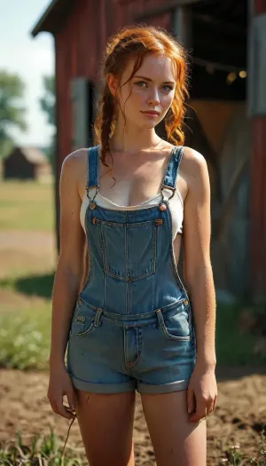 Sexy ginger farmer's wife, 29-year-old, overalls with no shirt, saggy breasts, cutoff_overalls_shorts, long toned legs, large breasts, cleavage, cowboy_boots, in a corner field, old_red_barn, braided_pigtails, freckles, tanned, sexy smile, horny, bimbo, nympho, sweaty, dirty, <lora:add-detail-xl:.8>, <lora:MJ52:.8>
