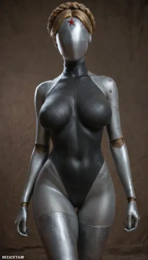 The twin, steel twin, twin atomic heart, atomic heart, The Girl of Steel, big hips, huge breast, red stars, ussr, company 3826, woman, robot, joints, blond, hair, thighhighs, redstar, on, forehead, bodysuit, thigh, gap, large, breast, reflexion, <lora:Twins1024:.8>