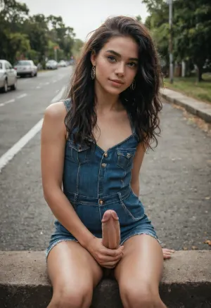columbian shemale jerking her long dick, futanari, columbian, long dark hair, ebony, real, realistic, like real photo of shemale, ladyboy, femboy, jerking dick, stret medellin, sitting on the road with clother but a little bit transparent
