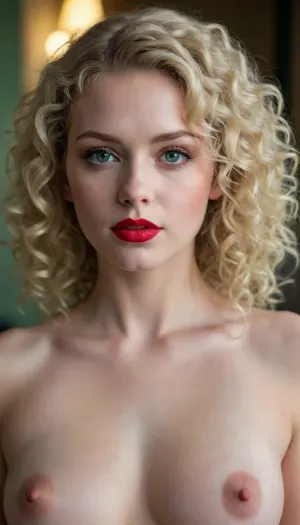 curly blonde hair, red lipstick, green eyes, pale white skin, naked