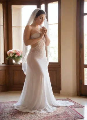 A serene and ethereal moment in a traditional Iranian wedding setting. A curvy Iranian slut bride stands gracefully in her sexy cutout wedding gown, the delicate fabric flowing around her, emphasizing the softness of her curves. Her face is calm and radiant, her expression serene yet full of quiet joy. The soft golden light of the afternoon sun pours in through the window, casting a gentle glow on her skin. She stands alone in front of a mirror, adjusting her veil, her hands delicate and tender, as if revering herself in this sacred moment. The room is decorated with soft, pastel colors — a mixture of traditional Persian elements like intricate rugs, floral arrangements, and gold jewelry. There is a sense of purity and elegance in the air, capturing the essence of a woman on the threshold of a new life. The focus is on the timeless beauty of the bride, her curves a symbol of grace, strength, and femininity, all highlighted by the soft, natural light and the quiet solemnity of the moment.