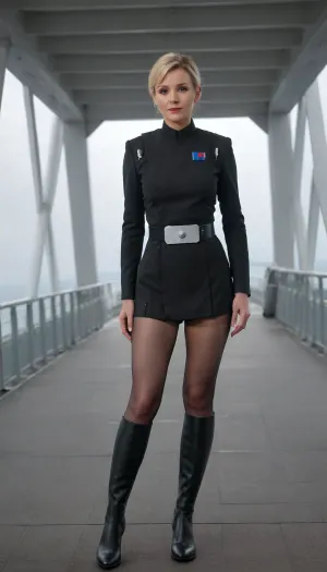 55 years old mature lady, Very attractive, blonde short slicked knot hairstyle, Imperial, officer, wearing, a, (black), uniform, short tunic that makes her genitals visible, nude genitals no pants on, naked genitals, walking an oa star destroyer bridge, <lora:Imperial Officer:.7>