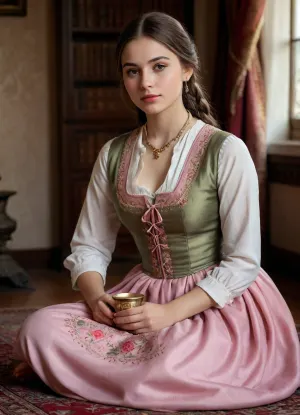 (masterpiece, best quality, photorealistic, ultra-detailed), 1girl, Aisylu Sharafieva, 19 y.o., Tatar, light olive glowing skin, brown almond-shaped eyes, glossy black hair in braid over shoulder, soft symmetrical face with pink lips, fitted embroidered tunic snugly outlining her chest, vest open slightly at collar revealing collarbones, wide skirt drawn close to legs with subtle drape, seated on knees on rug next to brass samovar, one hand on lap, the other holding small porcelain cup, faint smile and gentle blush, warm glow from carved wooden window, rich colors from tapestry reflecting on her form, cinematic lighting, <lora:add-detail-xl:1.2>