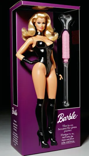 Create a very realistic 3D toy action figure of, [Barbie], [Dominatrix], . Display them in a, [Dark Purple], vintage-style packaging. The packaging should feature a clear plastic front to showcase the figure and their carefully curated accessories, with absolutely no duplicates. The font on the packaging should have a slightly vintage style, using white text to highlight on one line, [Stern Dominatrix], and their title on the second line. The overall aesthetic should resemble '80s/'90s vintage packaging. Figure Details, [Naked, Black Latex Boots, extremely huge breasts, Bimbo Woman, Blonde Hair, pubic hair as a small slim thin landing stripe], Outfit, [Naked but Sexy Latex Boots], Accessories should include, [Gagball, Buttplug, Dildo, Paddle, Whip, Ridingcrop, Vibrator], Packaging Design, The packaging should be a, with a clear plastic window to display the figure and accessories inside. The text on the packaging should be white and should use a slightly vintage font.

All accessories should be neatly displayed in individual blisters, each item in its own compartment to maintain an organised appearance.
sexdoll

Be careful that all text can be read correctly and is wirrten correctly as typed in the text.