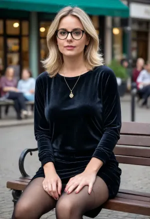 ne 35yo classy milf woman, shoulder length dyed textured lob blonde hair, detailed, realistic, perfect eyes, perfect hands, full body shot, photo in in busy pedestrian zone, she sits on a bench, (wears a oval neck velvet baggy loose fitted longsleeve shirt with text ' MILFTY ':1.3), black satin pencil skirt, high leather boots, necklace with pendant, earrings, jewellery, glasses, black lace stockings, (voluminous natural saggy breasts:1.2), view from front, legs spreading, shows perfect trimmed pussy, fingers pussy, "your, <lora:299579_training_data:.7>, <lora:681678_training_data:.5>