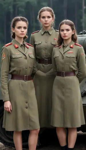 The crew of a T-34 tank, consisting of four girls, lined up in front of the tank, Soviet military uniform.
