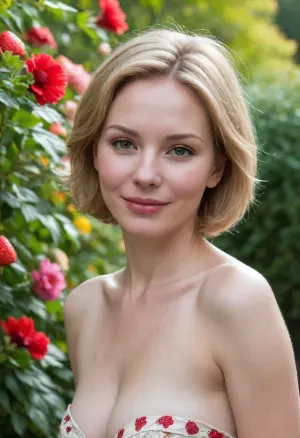 A professional romantic face of a beautiful adorable short 157cm tall chubby curvy 39 year old French woman in the blooming summer park. She has pale white skin, ((round face)), blushing cheeks, charming, ((gray eyes)), perky tits, thin eyebrows, happy smile, strawberry blonde hair, short messy hair, wet hair, ((bob haircut)), . She is wearing a white sundress with red flower pattern. She has, (oiled skin:2), . Helios lens, very detailed, shallow depth of field, flowers in the background, vivid colours, ultrarealistic, masterpiece, wild bokeh. Back view.