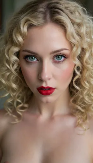 curly blonde hair, red lipstick, green eyes, pale white skin, naked