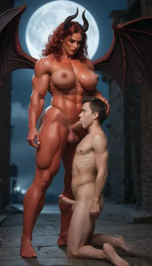 very tall succubus with wings and horns, full view, full body, massive female bodybuilder with huge bolt-on tits and tight body, (huge muscles:1.1), red skin, beautiful female feet, long messy red hair, mouth fucking at night, moon, huge, anime, following the smallest man, ever, cumming, standing futa, standing penis, woman, testicles, erection, next to her short man, waist length, sucking her dick, penis in his mouth, <lora:255484_training_data:.8>, <lora:SDXLlora13ErFut:.8>, <lora:268670_training_data:.8>