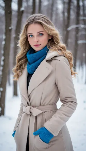 (masterpiece, best quality, highres, photorealistic), a stunning young woman with a slim, attractive body, (slim figure:1.3), wearing a stylish, warm winter coat, scarf, and gloves, standing confidently in a snowy environment. Her long, wavy hair flowing from beneath the coat's hood, (bright blue eyes:1.4), (serene smile:1.2), standing with her hands in her pockets, (relaxed posture:1.3), looking slightly to the side with a confident expression, the snow gently falling around her, (snowy environment:1.3), ambient lighting, highlighting her outfit and the serene beauty of her features, (no skin visible, fully clothed), .