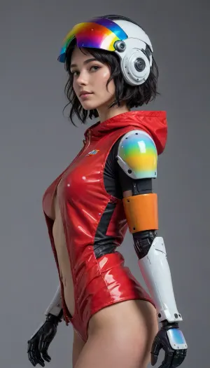 half body, 3/4 view portrait of a girl with short black wavy hair, black hair, side view, tiny boobs, red rain coat, facing side, (no background:1.5), 4ng3l, face, view from below, looking at viewer, smiling, holographic rainbow visor, holographic rainbow helmet, cyberpunk prosthetic girl, (robot arms, mechanical parts, robot joints, white mechanical prosthetic arms), <lora:SDXL_BetterFaces-LoRA_v1:.5>, 70 cartoon style
