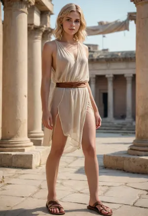girl, barefoot, ((with blond hair)), nude, (((Toga see-through, loincloth see-through, Ancient leather sandals))), realistic face, public Ancient Greek, elegant, beautiful background, 8k, best quality, <lora:fantasy_toga_sdxl_v2.3:.1>