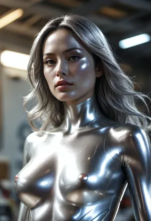 Marvel comics, sexy Japanese female Silver surfer, silver face, completely silver, <lora:MJ52:.4>