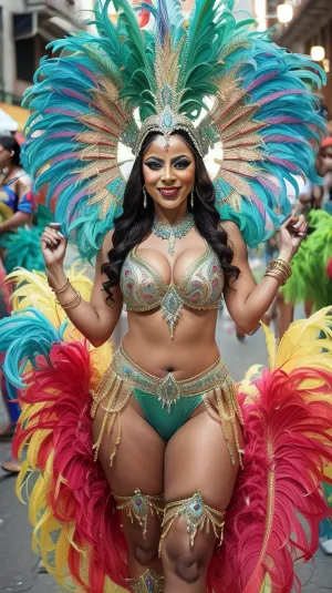 street of rio de janeiro, carnival night, samba dancer, dance school costume, colorful costume for samba carnival, beautiful dancer with fat body, colorful feather costume, edgCarnival, wearing, costume, feathers, <lora:edgCarnival:.8>
