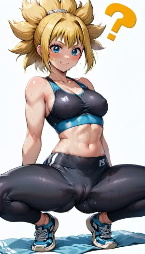((Kohaku from dr stone)), solo, white background, blond, smile, tight black top, yoga pants, sport, sneakers, sweating, heat, exertion, cameltoe, are you ready ?, ready ?, <lora:Kohaku:.5>