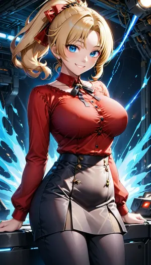 Zenith, 1girl, solo, blue_eyes, blonde_hair, smile, long_sleeves, large_breasts, parted_bangs, red_shirt, bangs, ponytail, black_ribbon, brown_skirt, neck_ribbon, pants, long_skirt, <lora:ZenithV2-000010:.5>