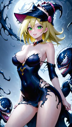 ((magician girl from yugioh)), (venom sexy black clothes), (sexy venom black clothes), (torn venom black clothes), sexy, (venom hat)