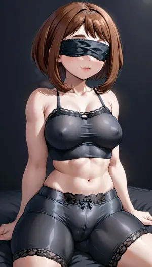 ochaco uraraka, black background, pawg, big boobs, boxer, ((tight top lace)), low cut, lying, blindfold, black blindfold