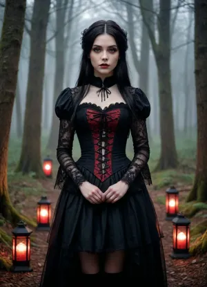 (masterpiece, best quality, photorealistic, ultra-detailed), 1girl, Ava Thornspell, 18 y.o., gothic fantasy forest, soft cold light, pale flawless skin, sharp symmetrical face with soft lips and blood-red glowing eyes, straight long black hair with thick fringe, wearing detailed Victorian gothic dress with high collar and corseted waist, black lace sleeves, layered skirt with silver embroidery and velvet underskirt, long striped stockings and lace-up boots, hands gently folded in front, calm but piercing gaze, surrounded by softly glowing mushrooms and shadowed trees, floating lanterns lighting foggy background, cinematic atmosphere of gothic wonder, <lora:add-detail-xl:1.2>