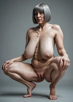 A full body view of, (((A 69-year-old woman, 1.70 m tall))), with a big ass, thick thighs, and heavy legs with thick ankles., (((She has small, soft, flat, and sagging breasts. Her hair is gray, she has a bob cut))), tanned skin, a face with an aquiline nose, green eyes, and a slim waist. Her genitals are shaved, and she has large, well-defined, and pendulous labia. Her hands are quite thin, and her feet are quite pretty. She is standing in a squatting position and looking at the camera. Her face is serious. In the background, the typical old Valais house with authentic woodwork.