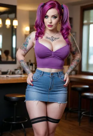 Full body, Lolatina, extremely large breasts, extremely large ass, extremely large hips, extremely thin waist, extreme hourglass figure, top heavy, bottom heavy, front heavy, back heavy, bimbo body, fit, pale skin, tattoos all over, messy magenta hair in twin tails, lavender blouse with deep cleavage, short blue jean skirt, purple heels, black stockings, lavender makeup, tattoo parlor