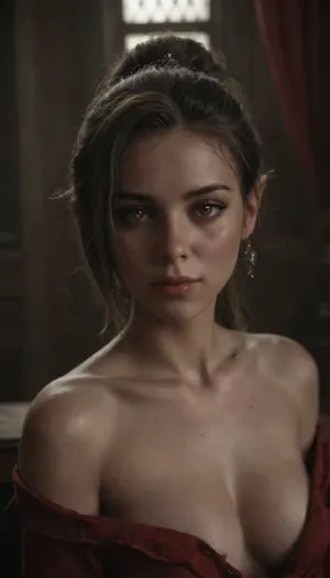 score _9_up, UHD 8K, Big firm natural breasts, 21 years old elf girl, elf ears, elf, well-build body, medium tits, small lips, lots of freckles face and skin, blush on the checks and nose, (raised nasal tip, upturned button nose, upturned nose, delicate nose, nose), brown wild wet hair high ponytail with sidelocks, very sexy smile, arlecchino_\, (genshin_impact\), ((Red glowing pupils)), extreme realism, maximum detail, slim figure, detailed skin, real lighting, ultra high details, super waist, girl in Moscow World War II, red flags, Girl in USSR, absolutely naked, public, 1 woman, bndofbrthrs, <lora:580159_training_data:.5>, <lora:dark:.4>, <lora:arlecchino_new:.5>, <lora:bndofbrthrs:.5>