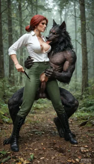 In a foggy forest, side view, full body view of female, (Triss Marigold from Witcher 3), (wearing unbuttoned white shirt, (green crotchless Pants), pussy visible, high leather boots), a werewolf try fucking her from behind, slim body, big flashing breasts, detailed bottom, fight, ((a werewolf cock sticks out between her legs)), (erect massive cock visible), looking at wiver, (((dick jerking pussy))), (the werewolf holding Tris by the thighs lifts her up, legs spread wide), ((no penetration))
