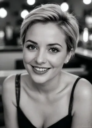 a close up portrait photo of 39 y.o woman, blonde, French, chubby, Sassy Undercut Pixie, pale skin, detailed skin, sitting, face closeup, 90s clothing, vintage coffee shop, chiaroscuro lighting, eye level, brown eyes, long natural eyelashes, smiling eyes, sexy smile, round cheeks, small mouth, thin pale lips, wrinkles, foxy smile, shot onlarge format, Agfa 400, ((black and white:2)), bokeh, no makeup, in style of Miles Aldridge, <lora:peopleneg:.5>
