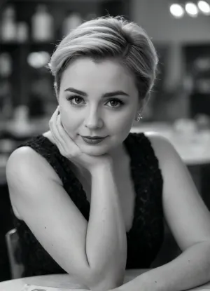 a close up portrait photo of 30 y.o woman, blonde, French, chubby, (Sassy Undercut Pixie:1.2), pale skin, detailed skin, sitting, face closeup, 90s clothing, vintage coffee shop, chiaroscuro lighting, eye level, brown eyes, long natural eyelashes, smiling eyes, tender smile, (round cheeks:1.5), small mouth, thin pale lips, upright nose, wrinkles, moles, shot onlarge format, Agfa 400, ((black and white:2)), ((view in 3/4:2)), bokeh, no makeup, in style of Miles Aldridge, <lora:peopleneg:.5>