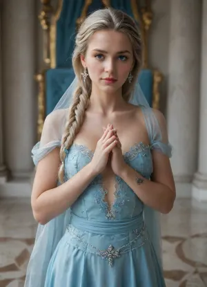 (masterpiece, best quality, photorealistic, ultra-detailed, highres, cinematic lighting), 1girl, 21 y.o., named Elsa Arendelle, long straight platinum blonde hair in a loose braid, ice blue eyes, Norwegian, soft cheekbones with light blush, curvy body with slim waist, medium breasts, and round hips, graceful and restrained, queen of Arendelle with ice magic, enjoys singing and creating ice sculptures, neutral expression, standing with hands clasped in front, small snowflake tattoo on wrist, wearing a long ice-blue velvet gown with silver embroidery and a flowing cape, in a grand throne room with ice accents and frosted chandeliers, <lora:add-detail-xl:1>