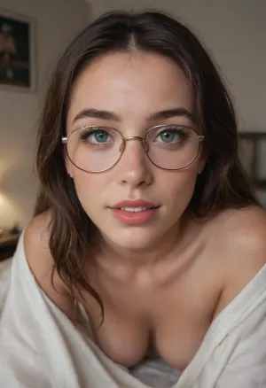 Amature candid photo, Amature 31 year old slender athletic beauty, long hair, brunette, glasses, green eyes, natural medium breast, teardrop breast, dark dorm room, naked, partially covered by a blanket, ultimate realism, poor lighting, at night, dark, night, realistic detailed skin texture, focus on realistic face, leaning over your, hanging over you, intimate, mischievous laughing, close, Object, gd, erection, sex, toy, penis, large, xbmyr, photo, style, <lora:Penis_XL:.2>, <lora:brasilGPv1:.8>