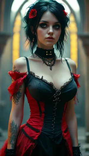 Whispers from the ombres: l'énigmatique goth girl et sa serenade mélodique

- Oui.

Dans la pièce faiblement éclairée, une image générée par l'IA d'une goth girl à gros seins émerge de l'ombre. Elle portait une robe en dentelle noire, des bas en résille et un chapeau à larges bords orné d'ailes de chauve-souris. Une seule bougie clignotait dans le coin, jetant des ombres sur les murs de pierre froide. La pièce résonnait avec le son lointain d'un violon, jouant une mélodie hantante.