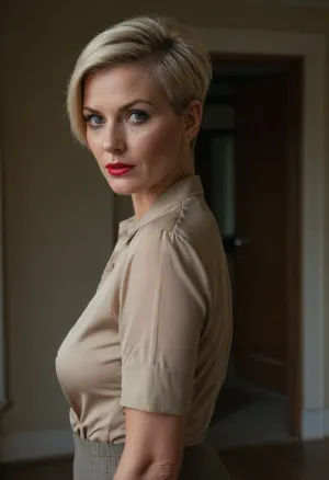 (RAW photo), 4K, best quality, realistic, photorealistic, masterpiece, extremely detailed, an extremely delicate and beautiful, dynamic, realistic anatomy, great lighting, perfect shading, professional shading, depth of field, 3/4 body view, curvy soviet mature woman, ((completely clothing)), ((wearing in blouse)), ((no panties on)), ((fertile body)), (((blonde short undercut hair, short hair, asymmetrical hair, shaved on the side))), 45 years old, perfect face, ((sad:1.5)), ((milf:1.6)), blue eyes, makeup, red lipstick, standing in abandoned house, (((view from behind))), ((looking on viewer))