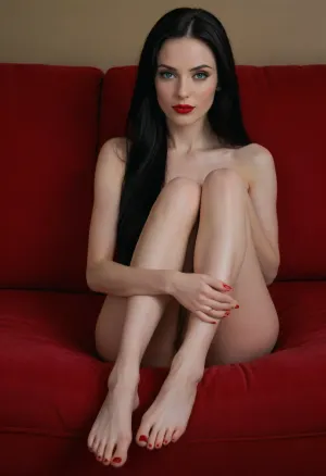 elegant woman, beauty, model face, long black hair, bright green eyes, pale skin, completely nude, naked, topless, red lipstick, long red fingernails, (((perfect hands))), sitting on a red couch showing her feet, beautiful red toenails, (((perfect feet))), seductive pose, <lora:add-detail-xl:.8>
