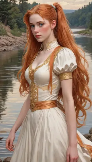 masterpiece, best quality, on the river bank, 1girl, solo, looking at viewer, long hair, ponytail, blue eyes, orange hair, very long hair, magical girl, J.C., Leyendecker, Style, page, ba11g0wn, <lora:J.C. Leyendecker Style:.8>, <lora:Ballgown_2.0:.8>