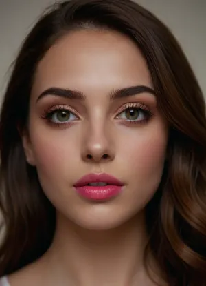 (masterpiece, best quality, photorealistic, ultra-detailed, highres, soft lighting), 1girl, 18 y.o., Macedonian, heart-shaped face with refined features, thick arched eyebrows, large hazel-green eyes with long thick eyelashes, straight nose with delicate tip, very plump glossy lips with bright pink hue, high cheekbones, soft chin, smooth olive skin with warm undertone, few faint freckles on nose, straight white teeth, bold makeup with winged eyeliner and bright lipstick, centered face, symmetrical, sultry parted lips, shoulder-length wavy auburn hair framing face, in a softly blurred gradient background, <lora:add-detail-xl:2>