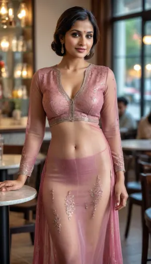 A fashionable 35-year-old Indian sexy beautiful woman with short hair, wearing a high-end designer salwar kameez, standing in cafe, realistic, 8k, hdr photo, detailed dress, soft lighting, ultra-realistic, 4k, see through transparent dress, wide hips, visible boobs, round boobs, seducing face.