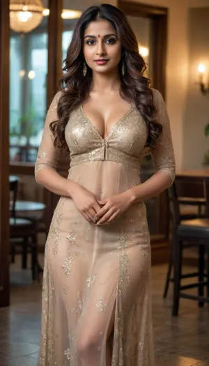A 35-year-old Indian sexy beautiful woman with long wavy hair, wearing a high-end designer salwar kameez, standing in cafe, realistic, 8k, hdr photo, detailed dress, soft lighting, ultra-realistic, 4k, see through transparent dress, wide hips, visible boobs, round boobs, seducing face.