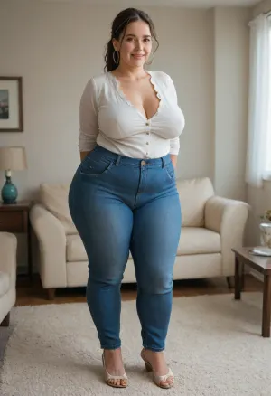 50 year old mature MILF, obese, standing in a modern living room, (small, not tall), (wide hips), (thick thighs), brunette hair with gray highlights, ponytail, chubby round face, strong nose, shy smile, unexpected camera, (capturing full body, surprised expression), hoop earrings, best quality, photorealism, masterpiece, tight highwaist blue jeans, unbuttoned white blouse, sagging, braless, (FUPA), cameltoe, big ass