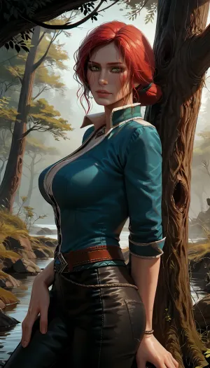 masterpiece, best quality, high resolution, hires, score_9, score_8_up, score_7_up, score_6_up, (Triss Merigold from the Witcher:1.4), incase, style, ratatatat74, solo, side view, close up, large breasts, black leather pants, wide hips, thick thighs, looking at viewer, detailed pupils, leaning against tree, detailed, misty, swamp, <lora:287175_training_data:1.5>, <lora:ratatatat74-000050:1.3>