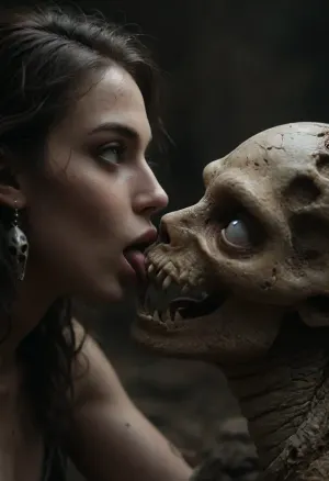 witch women licking a skull, snake inside skull, covered in dirt and grime, thin, pale, half naked, white eyes, snake around her body, side view, (pale:1.9), (white eyes:1.5), (dirt:1.2), <lora:Skull_Chaos_-_DS:.5>, <lora:dark:.5>, <lora:181422_training_data:.5>, <lora:1291282_training_data:1>