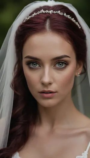 (masterpiece, best quality, 8k, Raw photography:1.2), (award-winning:1.1), (high fashion aesthetic, avant-garde fashion photoshoot:1.4), (focus on eyes, bridal veil, elegant wedding gown:1.8), (loving woman, hyper feminine features, joy, celebration, adoring gaze:1.5), (sense of intimacy:1.4), (intricate eye details:1.6), (warm eyes, Fae eyes, captivating eyes:1.6), (long delicate eyelashes:1.5), (smokey makeup, intense makeup:1.4), (deep wine red hair with warm highlights, intricate and sophisticated updo hair style:1.4), (shallow depth of field:1.6), (softly blurred background:1.3), (warm natural light, hair glow lighting), (natural skin texture:1.6), (realistic skin details:1.5), subtle skin imperfections, (intricately detailed hair:1.5), (expressive detailed eyes:1.6), (visible limbal ring:1.5), (detailed iris texture:1.5), (natural hair texture:1.4), (realistic eye texture:1.5), subtle vellus hairs, ziprealism