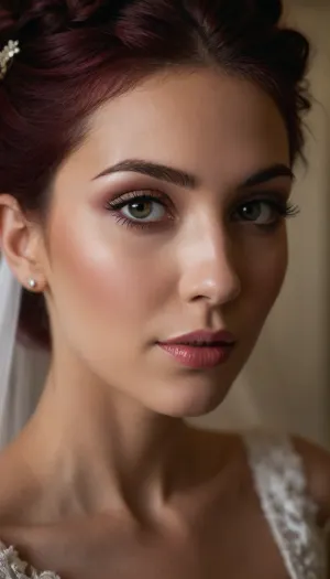 (masterpiece, best quality, 8k, Raw photography:1.2), (award-winning:1.1), (high fashion aesthetic, avant-garde fashion photoshoot:1.4), (focus on eyes, elegant wedding gown:1.8), (loving woman, hyper feminine features, joy, celebration, adoring gaze, soft contented smile:1.5), (sense of intimacy:1.4), (intricate eye details:1.6), (warm eyes, Fae eyes, captivating eyes:1.6), (long delicate eyelashes:1.5), (smokey makeup, intense makeup:1.4), (deep wine red hair with warm highlights, intricate and elaborate updo hair style:1.4), (shallow depth of field:1.6), (softly blurred background:1.3), (warm natural light, hair glow lighting), (natural skin texture:1.6), (realistic skin details:1.5), subtle skin imperfections, (intricately detailed hair:1.5), (expressive detailed eyes:1.6), (visible limbal ring:1.5), (detailed iris texture:1.5), (natural hair texture:1.4), (realistic eye texture:1.5), subtle vellus hairs, ziprealism