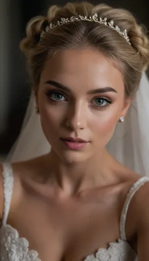 (masterpiece, best quality, 8k, Raw photography:1.2), (award-winning:1.1), (high fashion aesthetic, avant-garde wedding photoshoot:1.4), (focus on eyes, elegant wedding gown:1.8), (loving woman, hyper feminine features, joy, celebration, adoring gaze, soft contented smile:1.5), (sense of intimacy:1.4), (intricate eye details:1.6), (warm eyes, Fae eyes, captivating eyes:1.6), (long delicate eyelashes:1.5), (smokey makeup, intense makeup:1.4), (textured ash blonde hair with dark highlights, intricate and elaborate bridal hair style:1.4), (shallow depth of field:1.6), (softly blurred background:1.3), (warm natural light, hair glow lighting), (natural skin texture:1.6), (realistic skin details:1.5), subtle skin imperfections, (intricately detailed hair:1.5), (expressive detailed eyes:1.6), (visible limbal ring:1.5), (detailed iris texture:1.5), (natural hair texture:1.4), (realistic eye texture:1.5), subtle vellus hairs, ziprealism