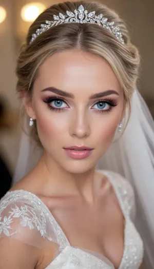 (masterpiece, best quality, 8k, Raw photography:1.2), (award-winning:1.1), (high fashion aesthetic, avant-garde wedding photoshoot:1.4), (focus on eyes, elegant wedding gown, immaculate makeup:1.8), (loving woman, hyper feminine features, joy, celebration, adoring gaze, soft contented smile:1.5), (sense of intimacy:1.4), (intricate eye details:1.6), (warm eyes, Fae eyes, captivating eyes:1.6), (long delicate eyelashes:1.5), (smokey makeup, intense makeup:1.4), (textured ash blonde hair with dark highlights, intricate and elaborate bridal hair style:1.4), (shallow depth of field, professional color grading:1.6), (softly blurred background:1.3), (warm natural light, hair glow lighting), (natural skin texture:1.6), (realistic skin details:1.5), (intricately detailed hair:1.5), (expressive detailed eyes:1.6), (visible limbal ring:1.5), (detailed iris texture:1.5), (natural hair texture:1.4), (realistic eye texture:1.5), subtle vellus hairs, ziprealism