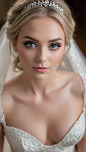 (masterpiece, best quality, 8k, Raw photography:1.2), (award-winning:1.1), (professional wedding photography, avant-garde wedding photoshoot:1.4), (medium closeup, sharp focus on eyes, elegant wedding gown, immaculate makeup:1.8), (loving woman, hyper feminine features, joy, celebration, adoring gaze, soft contented smile:1.5), (sense of intimacy:1.4), (intricate eye details:1.6), (warm eyes, Fae eyes, captivating eyes:1.6), (long delicate eyelashes:1.5), (smokey makeup, intense makeup:1.4), (textured ash blonde hair with dark highlights, intricate and elaborate bridal hair style:1.4), (shallow depth of field, professional color grading:1.6), (softly blurred background:1.3), (warm natural light, hair glow lighting), (natural skin texture:1.6), (realistic skin details:1.5), (intricately detailed hair:1.5), (expressive detailed eyes:1.6), (visible limbal ring:1.5), (detailed iris texture:1.5), (natural hair texture:1.4), (realistic eye texture:1.5), subtle vellus hairs, ziprealism