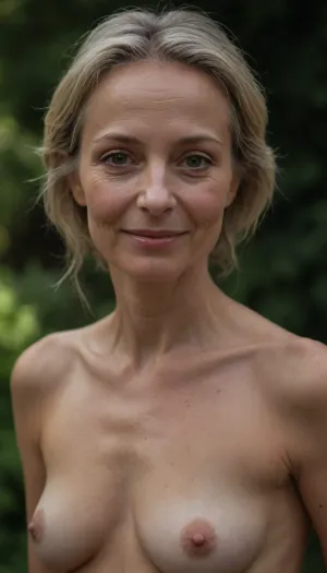 65-years-old naked blonde, slender, in the backyard, portrait view, natural skin texture, texured wrinkled natural face, hyperrealism, small nose, smile. sharp, ultra detailed, sharp focus, good face, (((flat chested, tiny tits, sagging))), best quality, masterpiece, intricate details, hyperrealistic, no makeup, wet hair, dry body, side view, natural face, skin pores in face, wrinkles, DSLR quality, tits in frame, textured tits, natural large ultrarealistic nipples