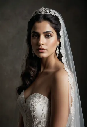 A curvy Iranian bride, artistic nude, standing confidently in a minimalist studio, soft and elegant bridal veil flowing, subtle Persian features, classic makeup with a hint of traditional jewelry, high contrast lighting emphasizing curves and textures, neutral gray or white background, modern avant-garde aesthetic, capturing the contrast between the softness and beauty of the bride and the stark minimalism of the studio environment, fine art photography style, moody shadows and soft highlights, Vogue editorial quality